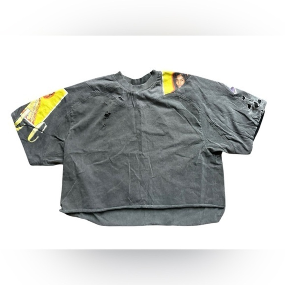 MOEK Los Angeles TLC distressed oversized gray top.